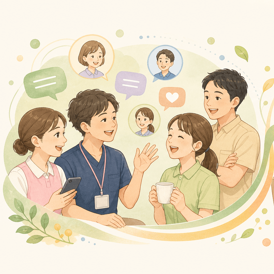 介護士同士がオンラインで交流しているイメージ