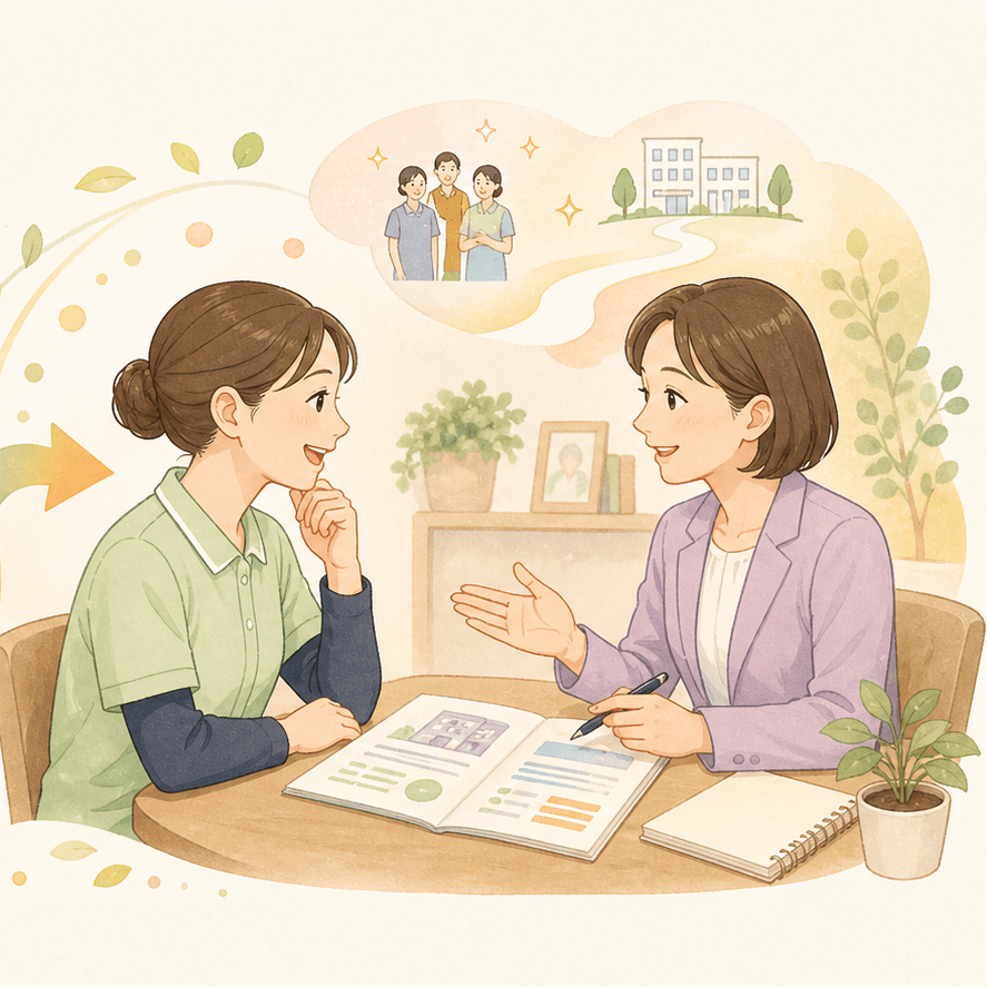 介護士がキャリアアドバイザーに相談しているイメージ